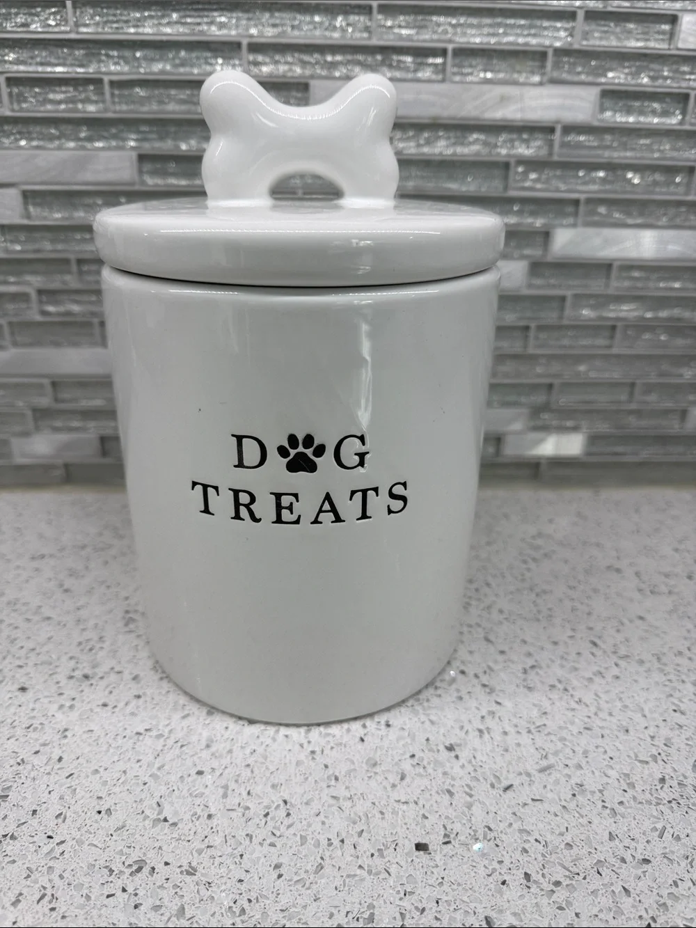 Ceramic Dog Treat Jar with Bone Lid - White